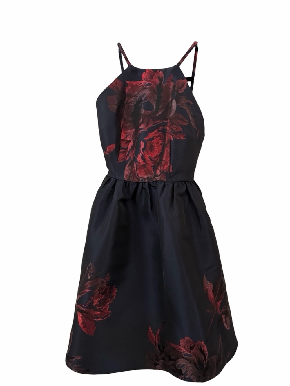 Juniors Navy Floral Halter Dress with Red Accents